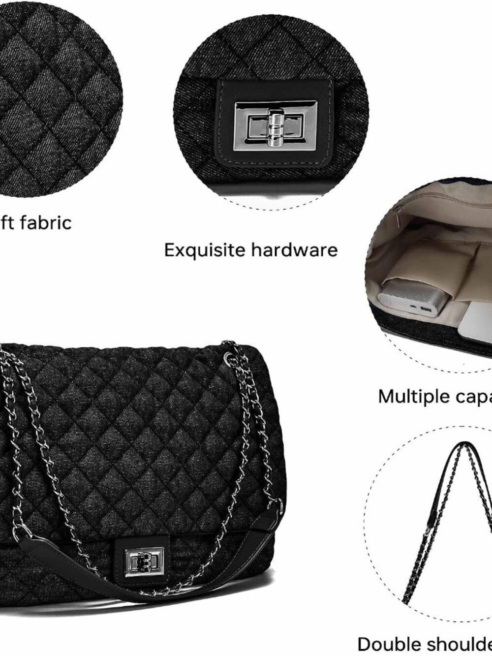 Quilted Denim Purse Hobo Shoulder Bag Denim Handbags for Women Chain Vintage Was - Picture 5 of 6